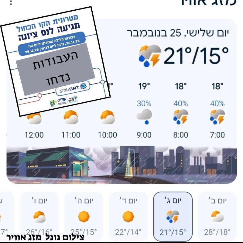 בשל תנאי מזג האוויר - עיריית נס ציונה מודיעה על עבודות הרכבת הקלה וחסימת הכבישים 