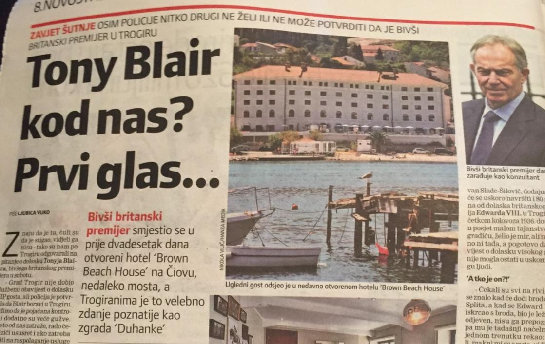 עיתון מקומי בקרואטיה מבשר על ביקור בלייר במלון של ויצמן את גבאי...
