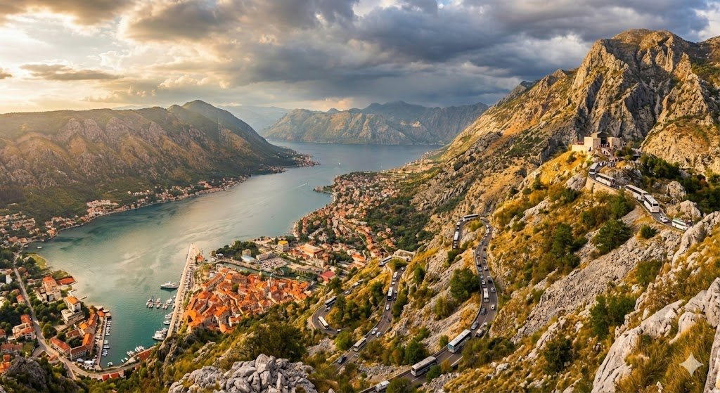 פסגת הר לובצן Mount Lovćen המשקיפה על העיר קוטור שבמונטנגרו באמצעות גמיני