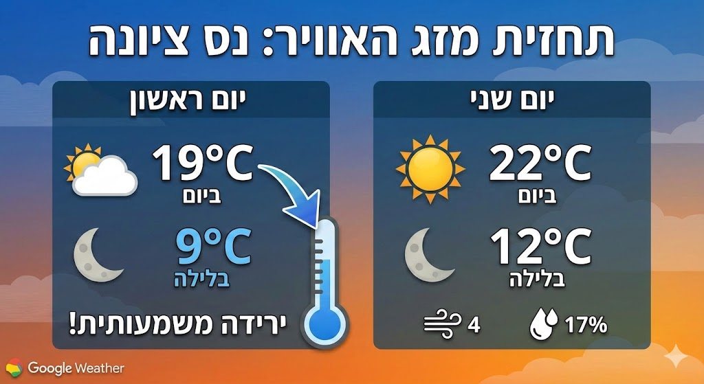 תחזית מזג האוויר בנס ציונה: ירידה משמעותית בטמפרטורות בתחילת השבוע גמיני