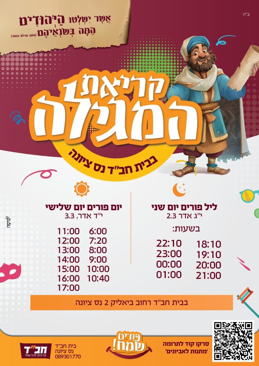 זמני קריאת המגילה פורים 2026  בית חבד נס ציונה