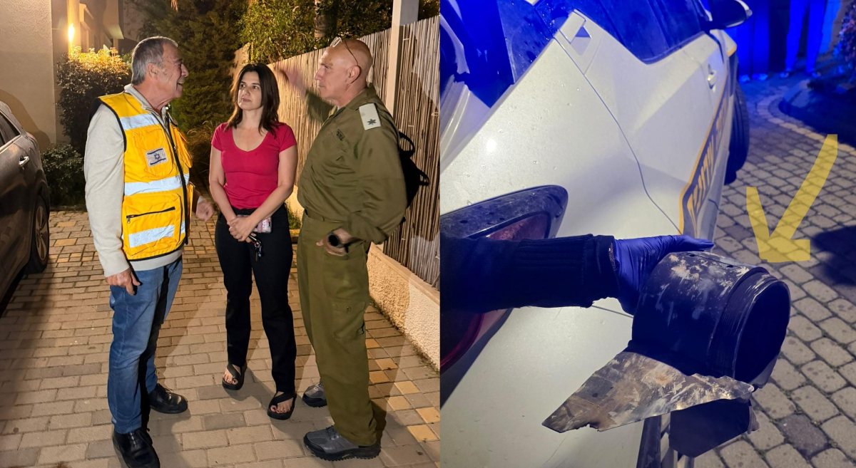 מימין- הרסיס. משמאל, ראש העיר עם בעלי הבית. צילום: יעקב קורץ (קורצי)