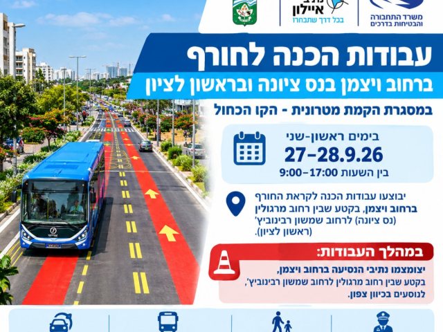 עבודות ברחוב ויצמן בנס ציונה 27–28.9.26: צמצום נתיבים במסגרת הקו הכחול