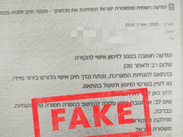 משטרת ישראל מזהירה את הציבור מפני מייל כוזב, "התראה אחרונה: בנוגע לזימון אישי לחקירה"
