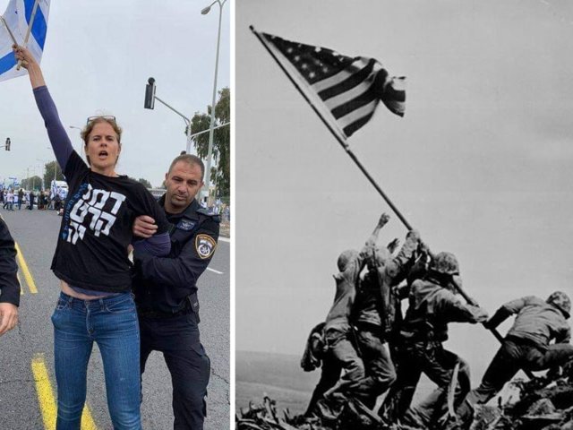 אילוסטרציה: שקמה ברסלר והדגל, לצד הנפת הדגל באיבוג'ימה במלחה"ע 2