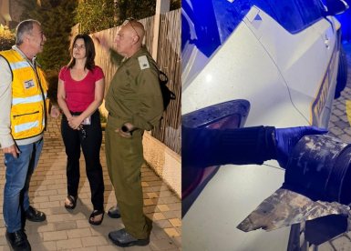 מימין- הרסיס. משמאל, ראש העיר עם בעלי הבית. צילום: יעקב קורץ (קורצי)