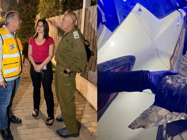 מימין- הרסיס. משמאל, ראש העיר עם בעלי הבית. צילום: יעקב קורץ (קורצי)