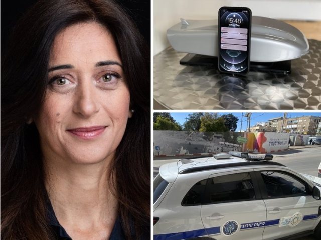 למעלה המכשיר הקומפקטי, למטה המכשיר על גג רכב פיקוח עירוני בת"א. משמאל- גלית